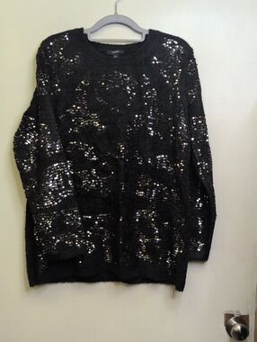 Alfani Black Sequin Crewneck Sweater Large